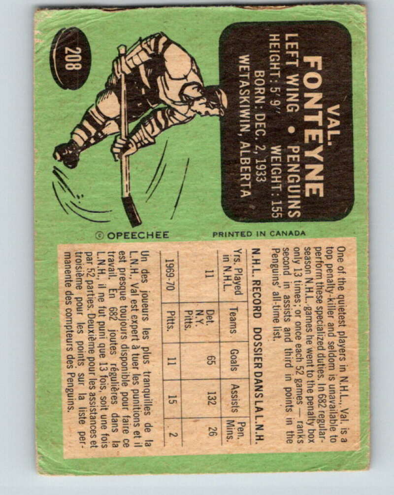 1970-71 O-Pee-Chee #208 Val Fonteyne  Pittsburgh Penguins  V2978