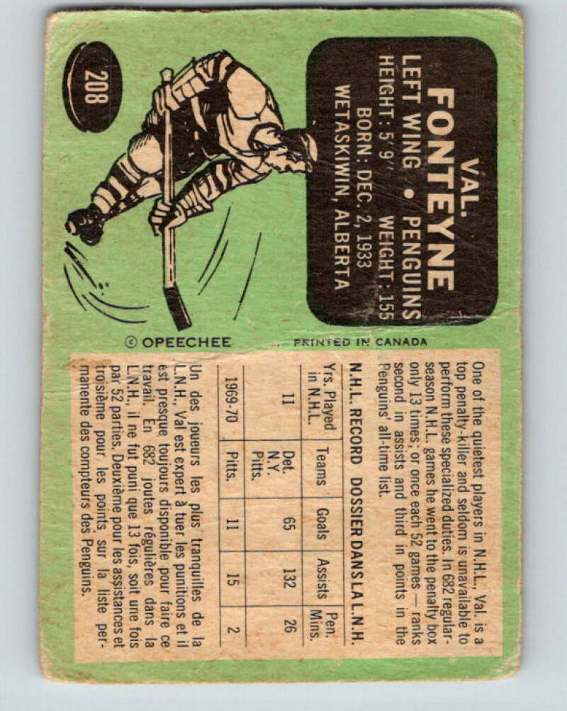 1970-71 O-Pee-Chee #208 Val Fonteyne  Pittsburgh Penguins  V2979