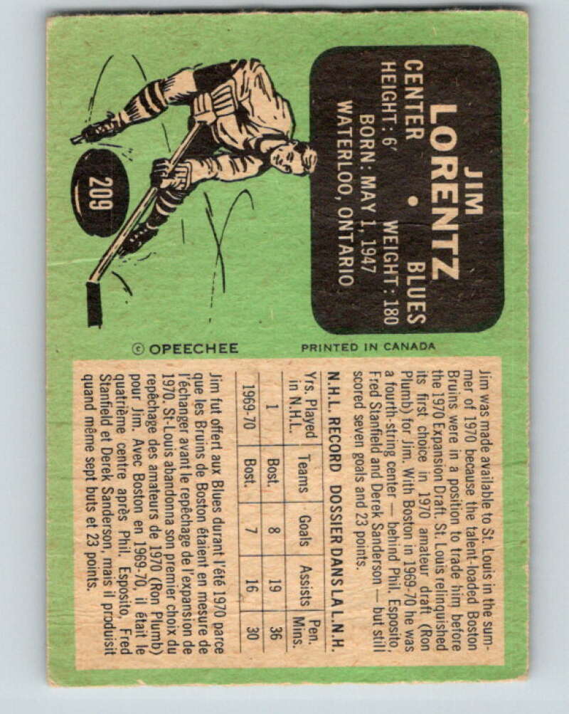 1970-71 O-Pee-Chee #209 Jim Lorentz  RC Rookie St. Louis Blues  V2981