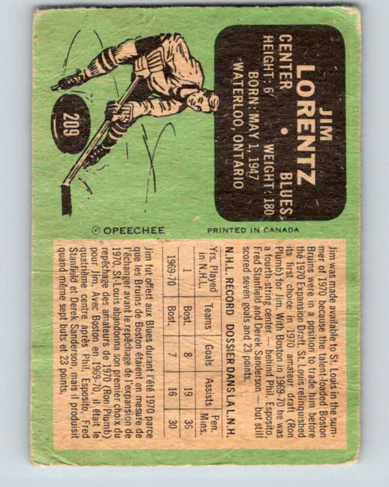 1970-71 O-Pee-Chee #209 Jim Lorentz  RC Rookie St. Louis Blues  V2982