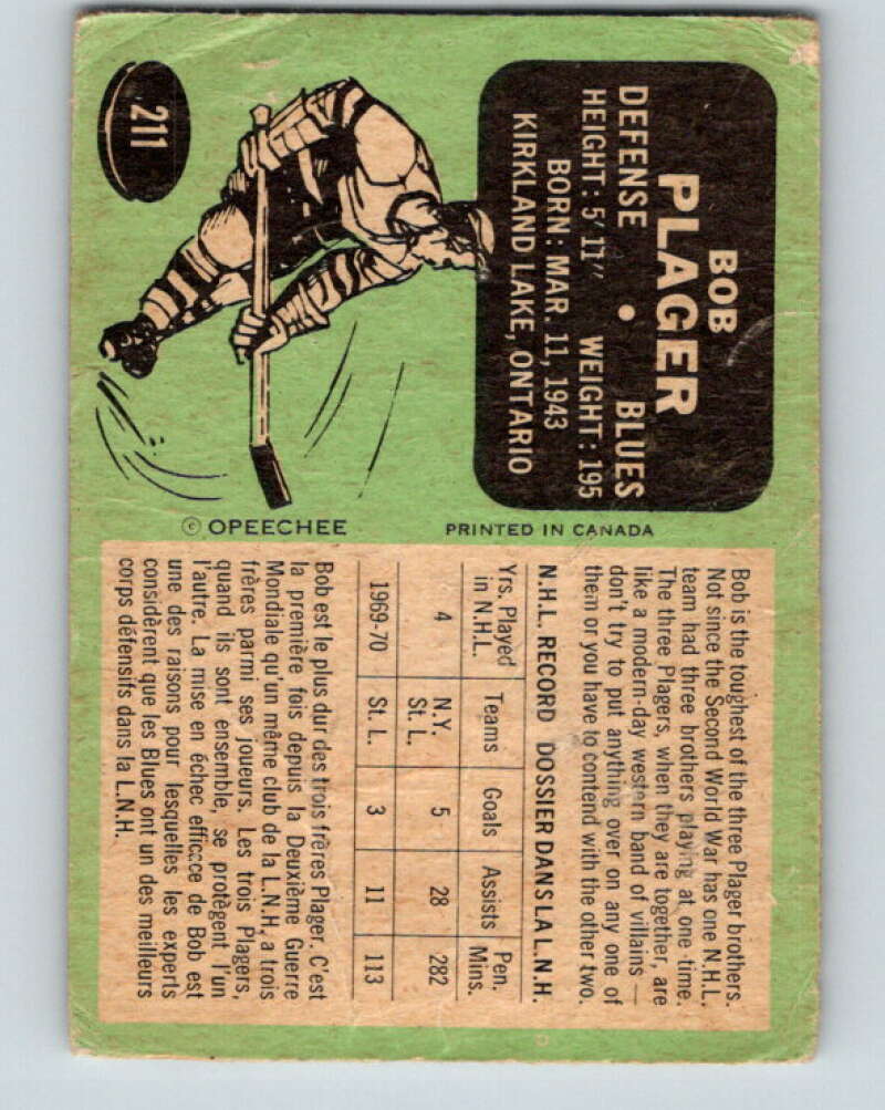 1970-71 O-Pee-Chee #211 Bob Plager  St. Louis Blues  V2987