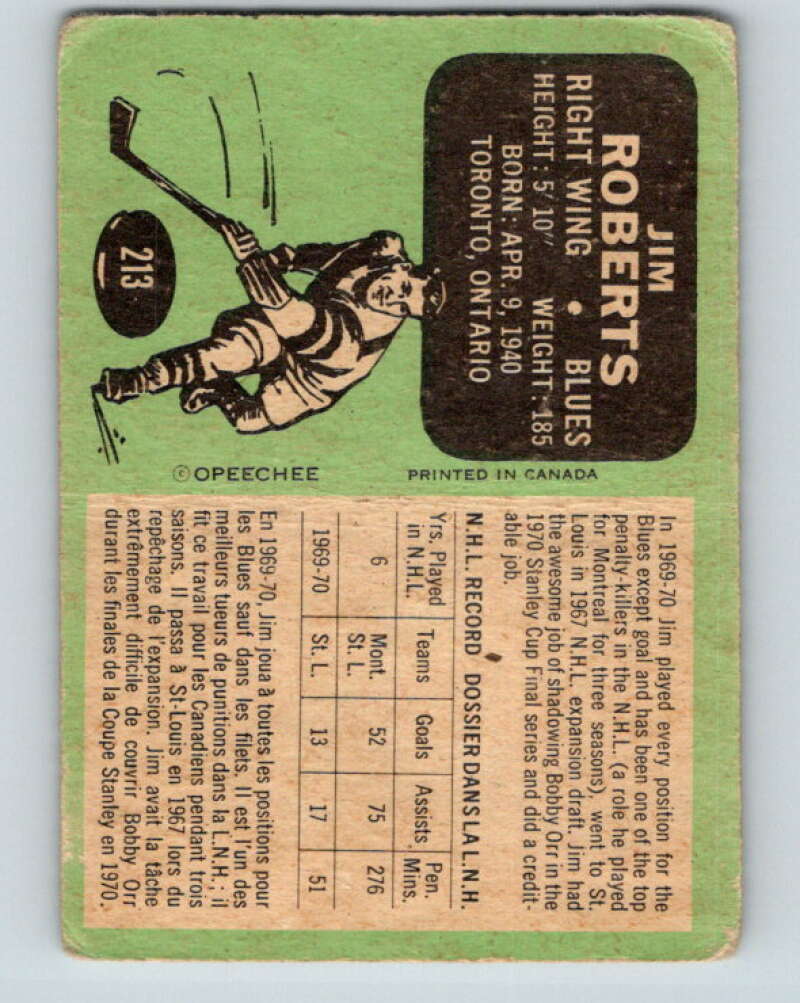 1970-71 O-Pee-Chee #213 Jim Roberts  St. Louis Blues  V2997