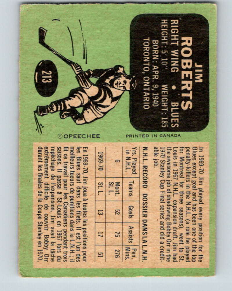 1970-71 O-Pee-Chee #213 Jim Roberts  St. Louis Blues  V2998