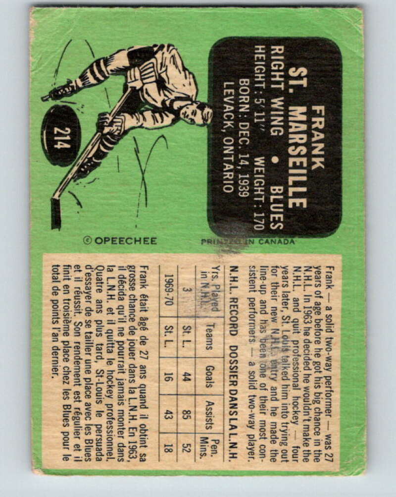 1970-71 O-Pee-Chee #214 Frank St. Marseille  St. Louis Blues  V3004