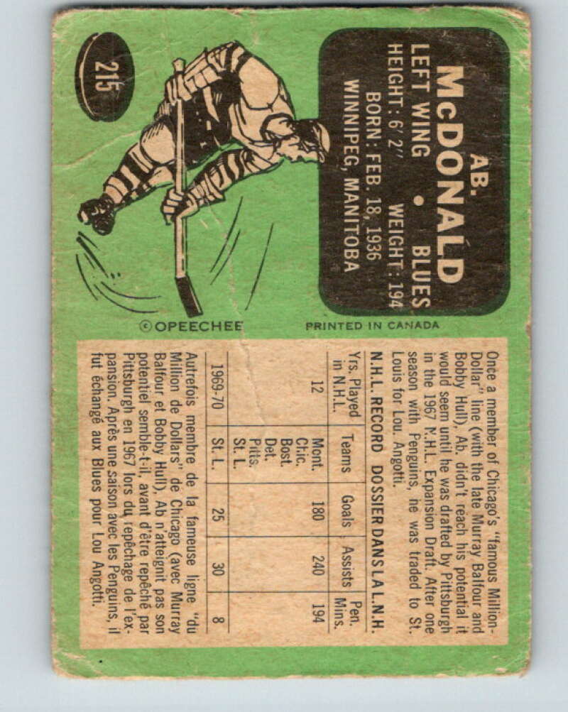 1970-71 O-Pee-Chee #215 Ab McDonald  St. Louis Blues  V3006