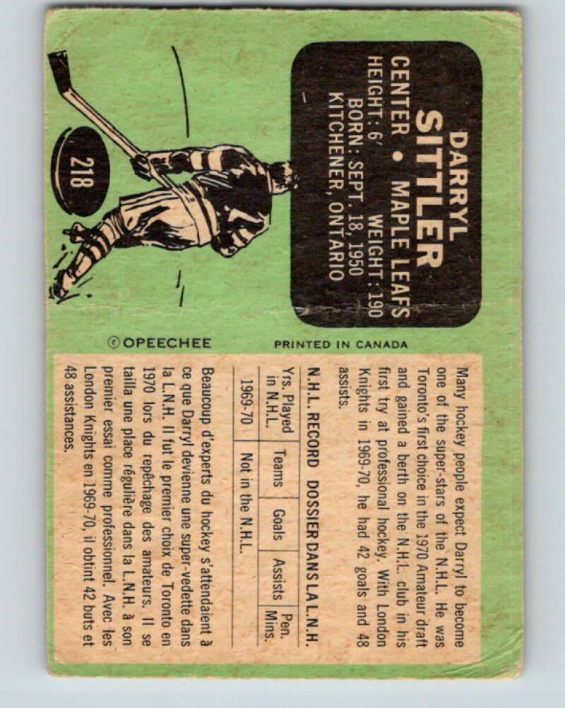 1970-71 O-Pee-Chee #218 Darryl Sittler  RC Rookie Toronto Maple Leafs  V3013