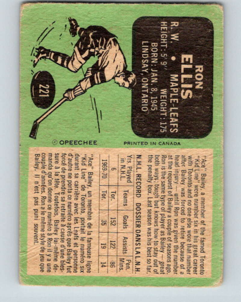 1970-71 O-Pee-Chee #221 Ron Ellis  Toronto Maple Leafs  V3017