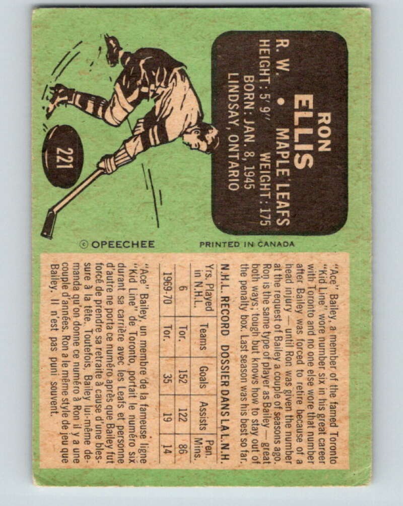 1970-71 O-Pee-Chee #221 Ron Ellis  Toronto Maple Leafs  V3019