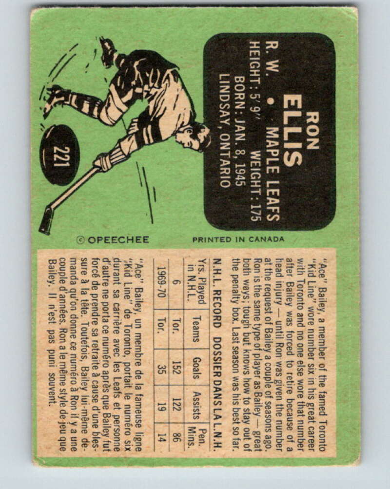 1970-71 O-Pee-Chee #221 Ron Ellis  Toronto Maple Leafs  V3020