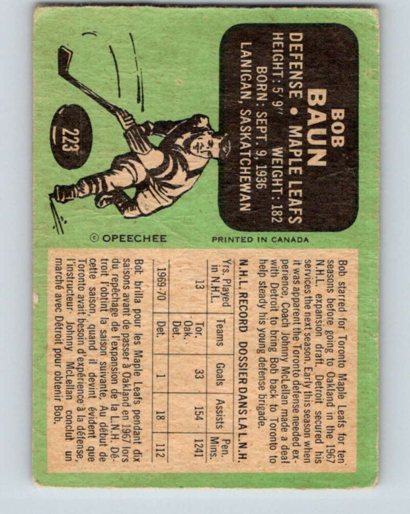 1970-71 O-Pee-Chee #223 Bob Baun  Toronto Maple Leafs  V3028
