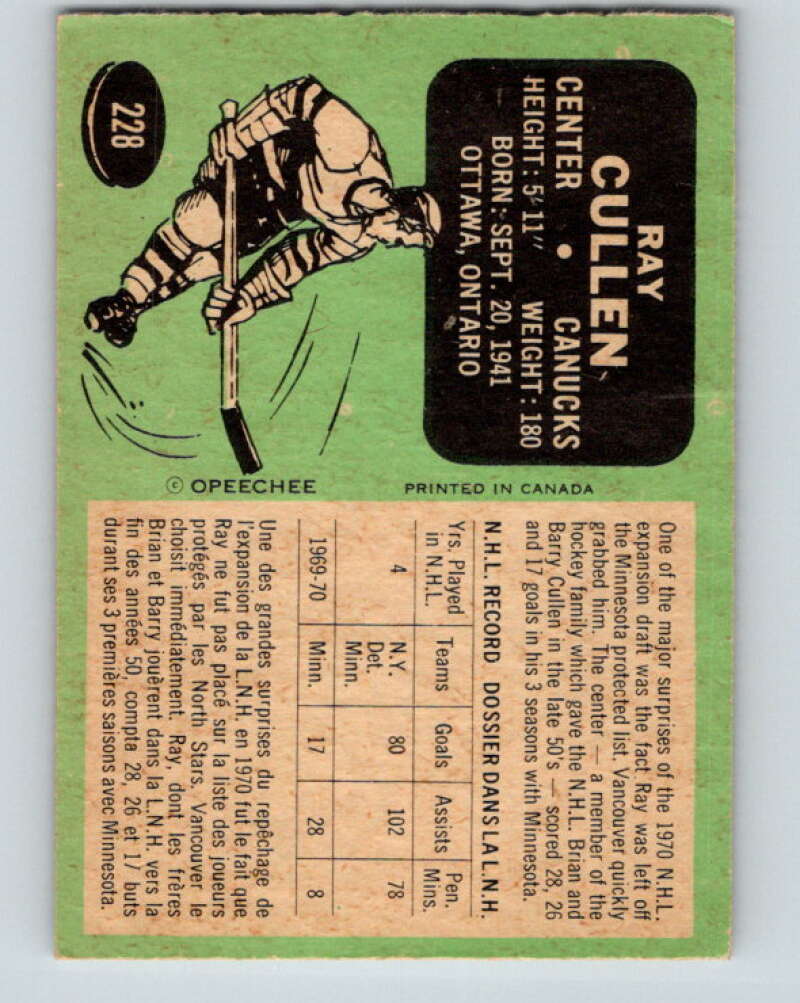 1970-71 O-Pee-Chee #228 Ray Cullen  Vancouver Canucks  V3035