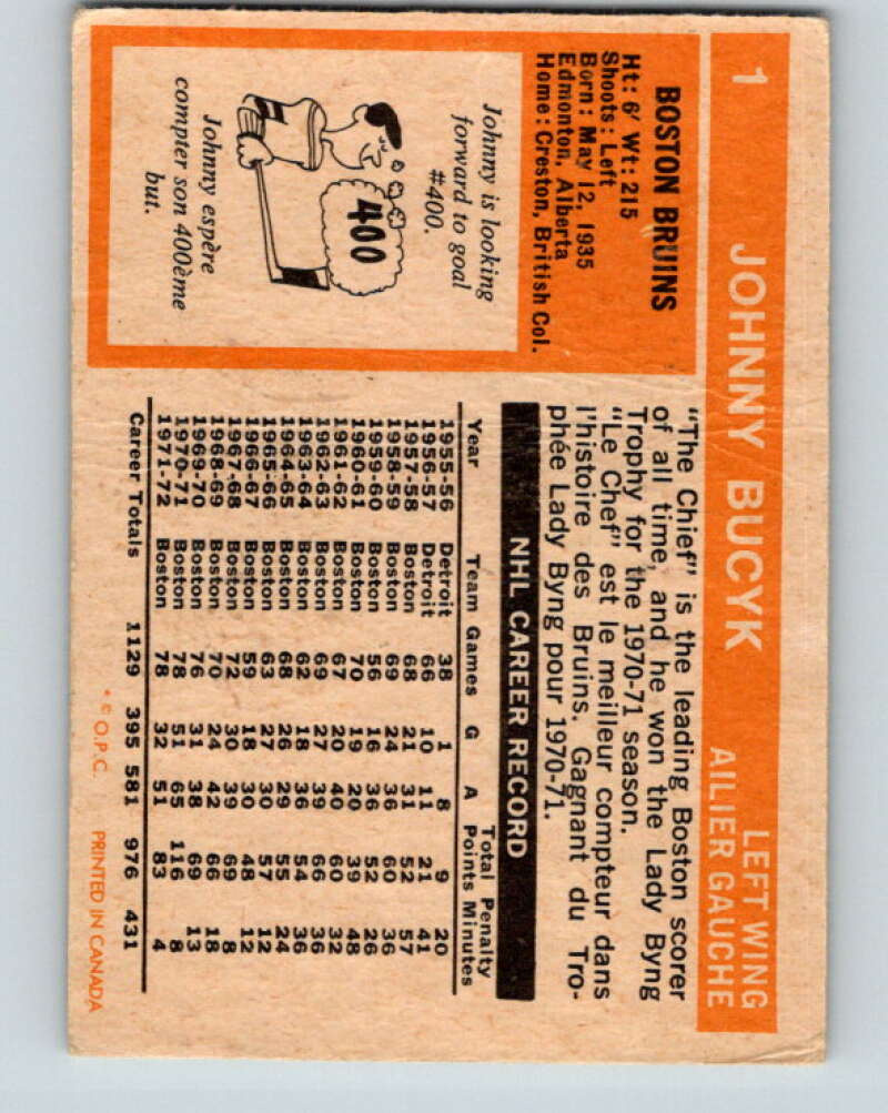 1972-73 O-Pee-Chee #1 Johnny Bucyk  Boston Bruins  V3145