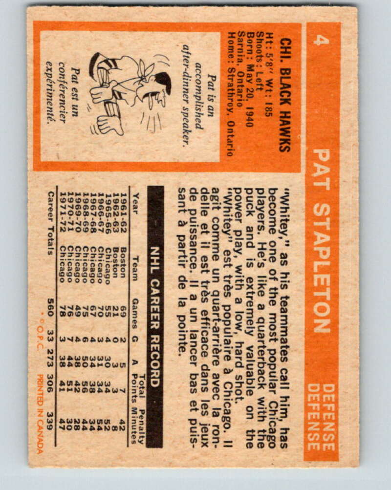 1972-73 O-Pee-Chee #4 Pat Stapleton  Chicago Blackhawks  V3162