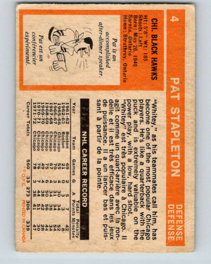 1972-73 O-Pee-Chee #4 Pat Stapleton  Chicago Blackhawks  V3164