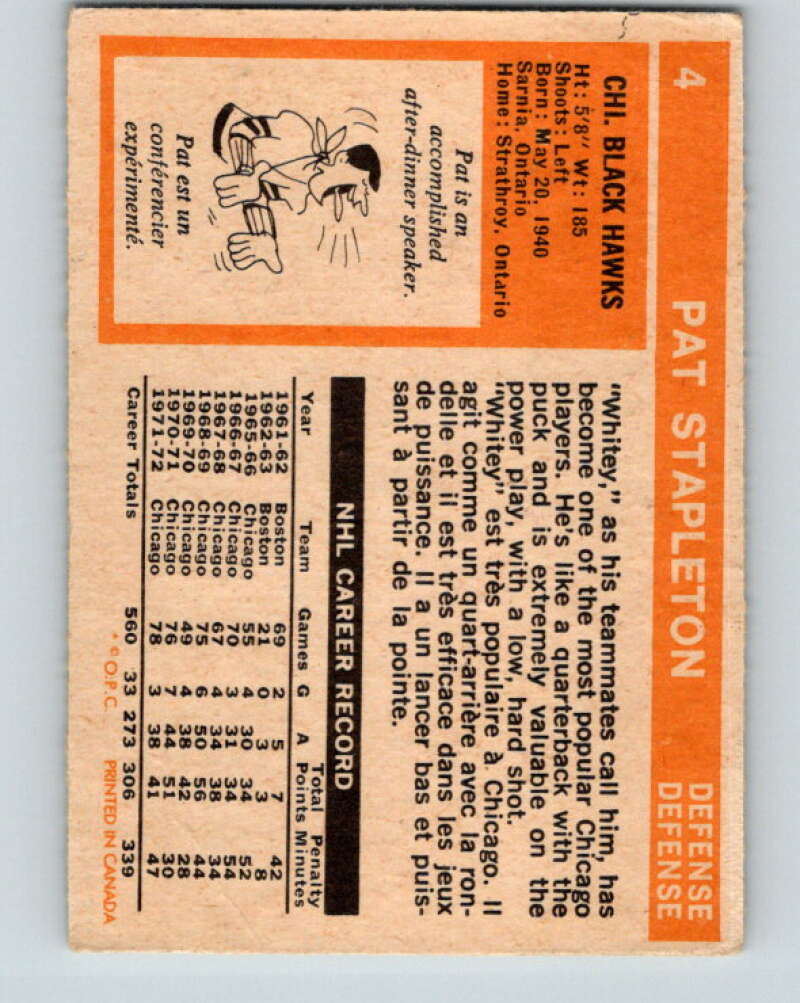 1972-73 O-Pee-Chee #4 Pat Stapleton  Chicago Blackhawks  V3165