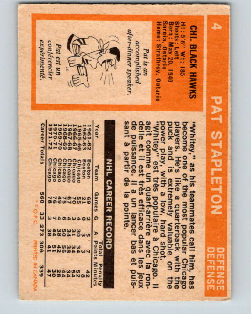 1972-73 O-Pee-Chee #4 Pat Stapleton  Chicago Blackhawks  V3166
