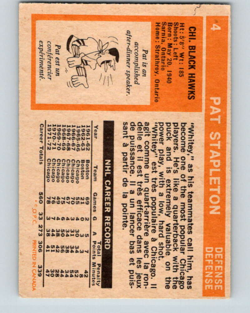 1972-73 O-Pee-Chee #4 Pat Stapleton  Chicago Blackhawks  V3167
