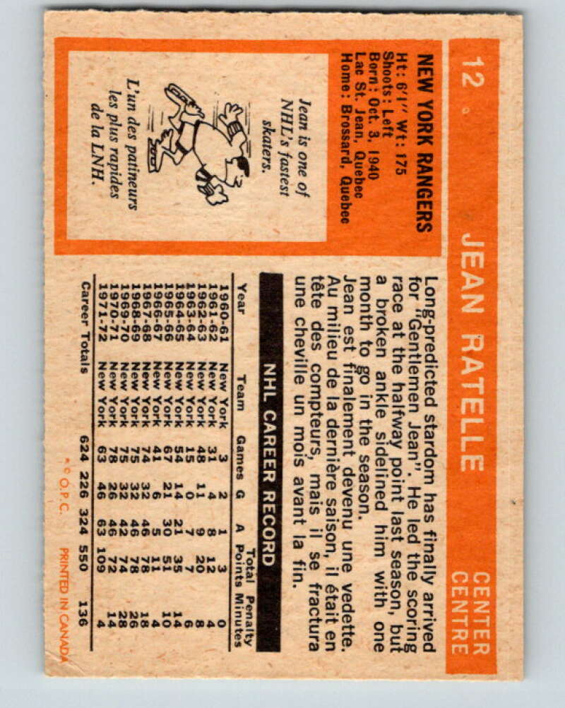 1972-73 O-Pee-Chee #12 Jean Ratelle  New York Rangers  V3213