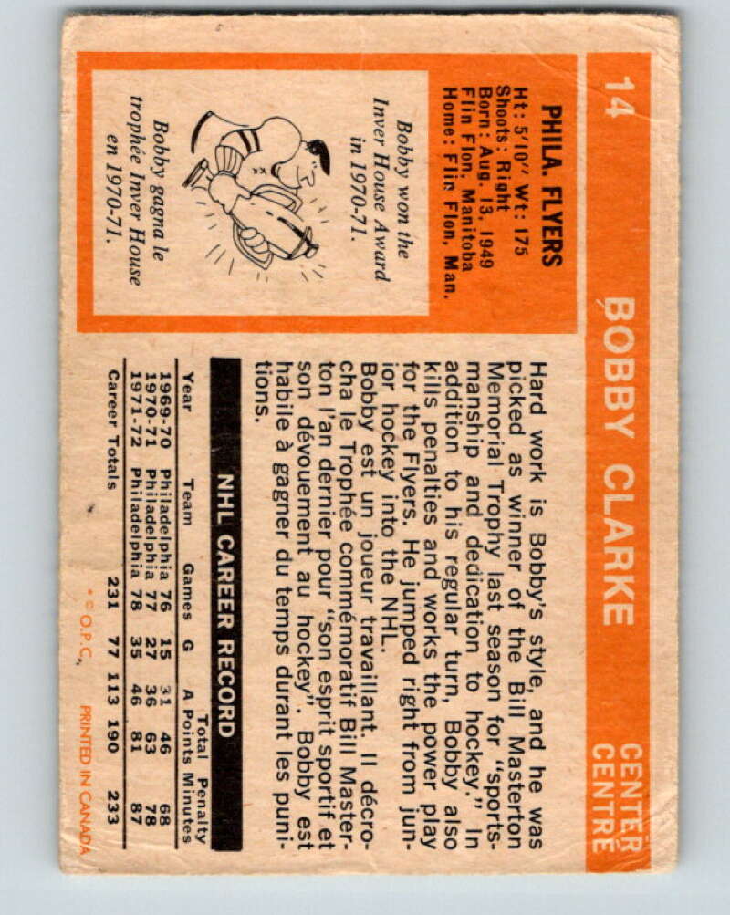 1972-73 O-Pee-Chee #14 Bobby Clarke  Philadelphia Flyers  V3223
