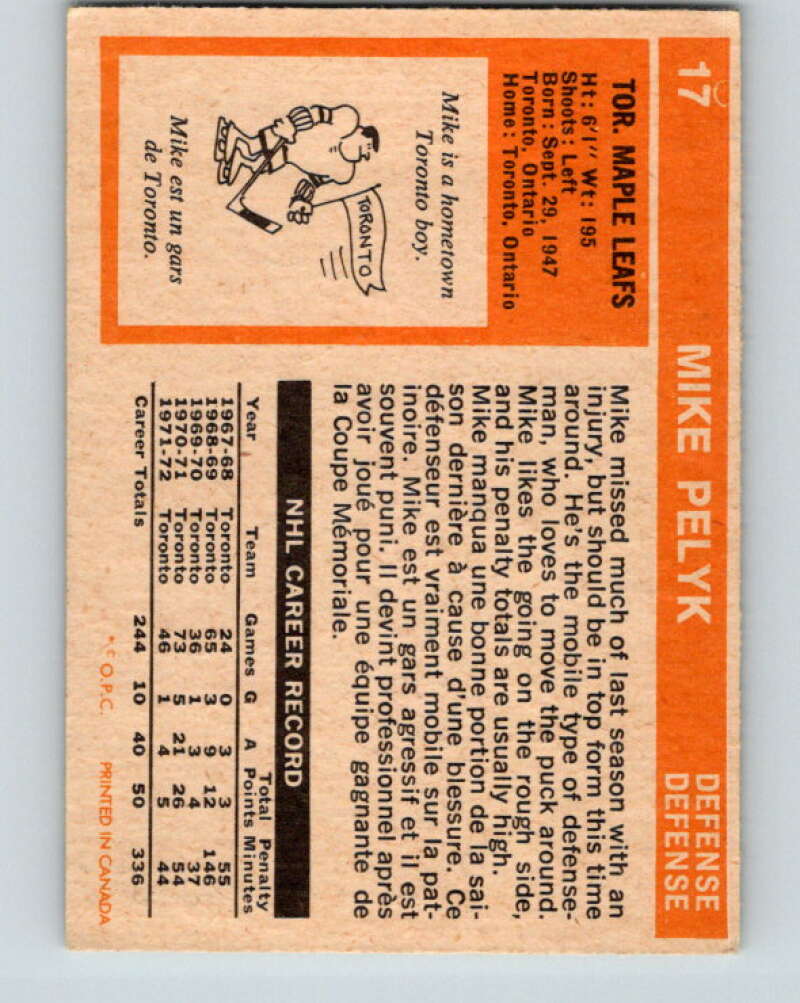 1972-73 O-Pee-Chee #17 Mike Pelyk  Toronto Maple Leafs  V3235