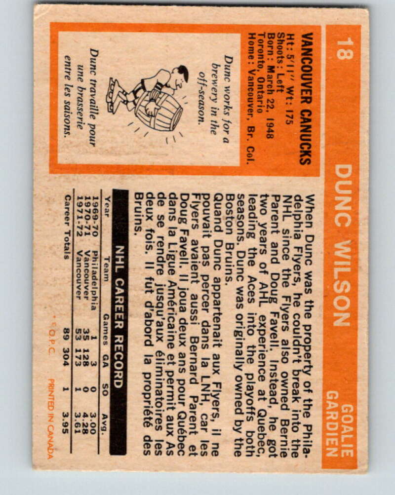 1972-73 O-Pee-Chee #18 Dunc Wilson  Vancouver Canucks  V3243