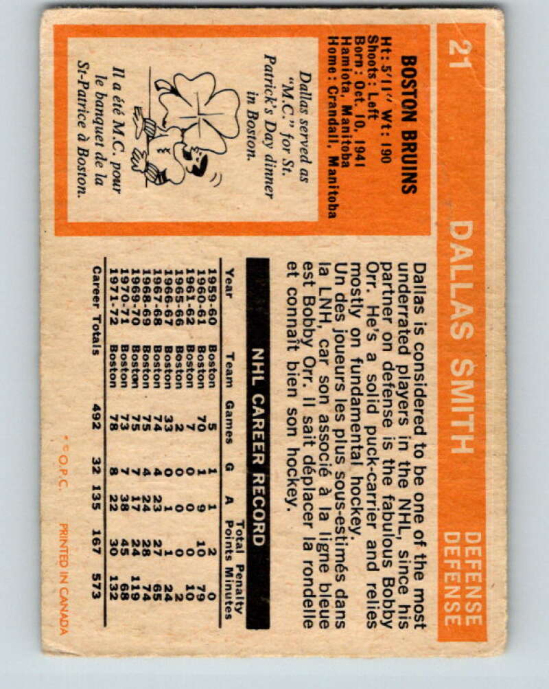 1972-73 O-Pee-Chee #21 Dallas Smith  Boston Bruins  V3259