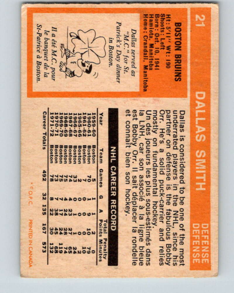 1972-73 O-Pee-Chee #21 Dallas Smith  Boston Bruins  V3260