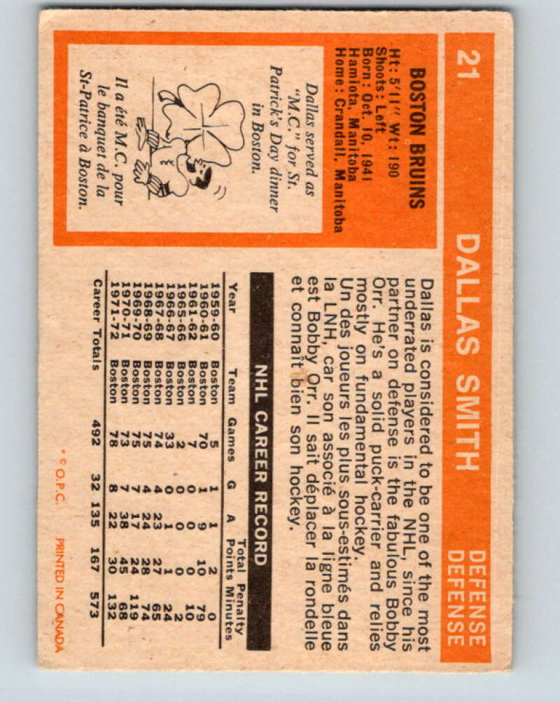 1972-73 O-Pee-Chee #21 Dallas Smith  Boston Bruins  V3261