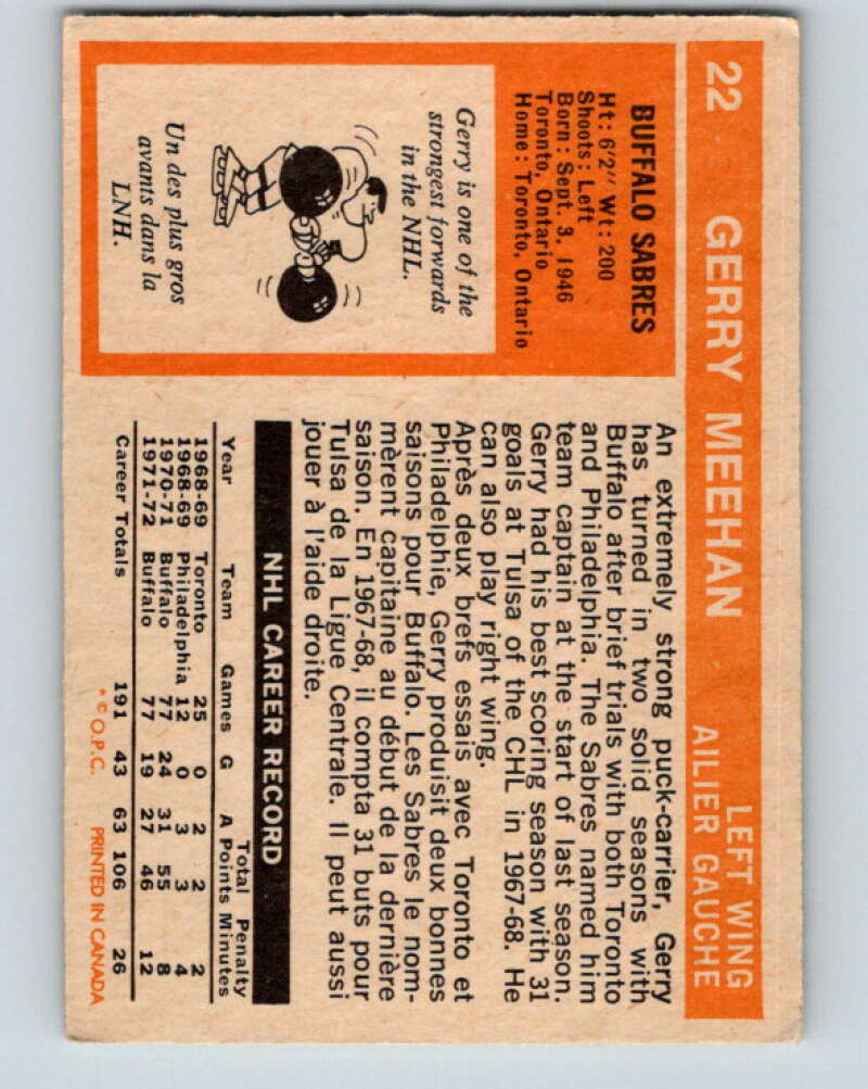 1972-73 O-Pee-Chee #22 Gerry Meehan  Buffalo Sabres  V3268