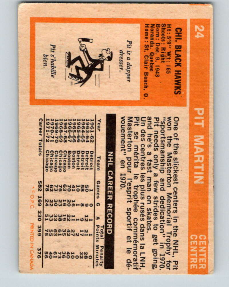 1972-73 O-Pee-Chee #24 Pit Martin  Chicago Blackhawks  V3281