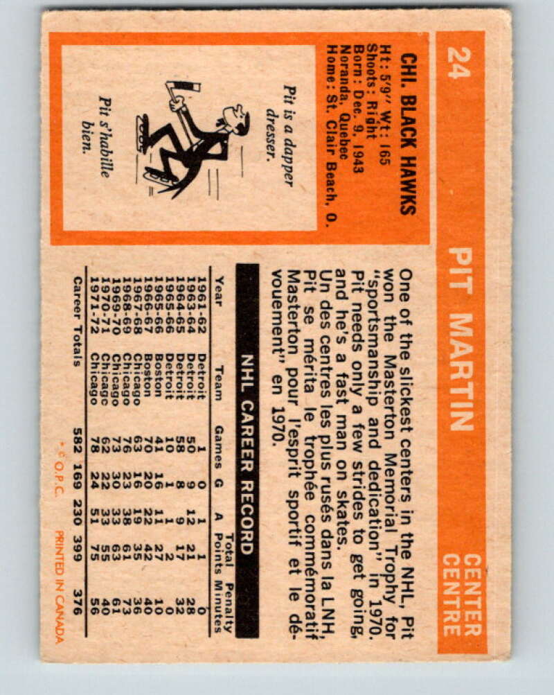 1972-73 O-Pee-Chee #24 Pit Martin  Chicago Blackhawks  V3282