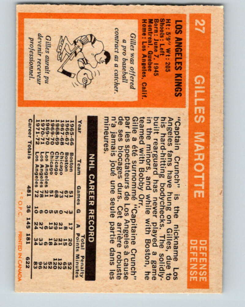 1972-73 O-Pee-Chee #27 Gilles Marotte  Los Angeles Kings  V3302