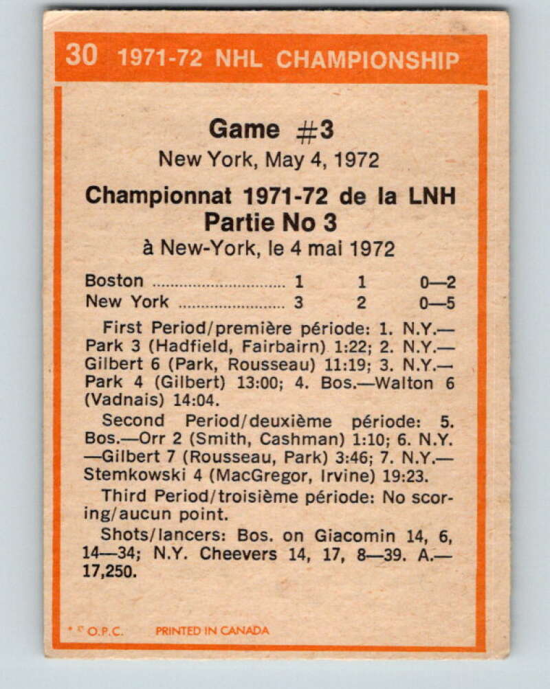 1972-73 O-Pee-Chee #30 Playoff Game 3  New York Rangers/Boston Bruins  V3320