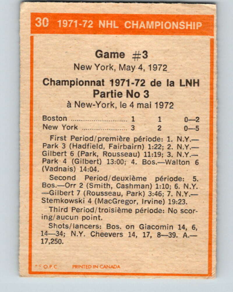 1972-73 O-Pee-Chee #30 Playoff Game 3  New York Rangers/Boston Bruins  V3322