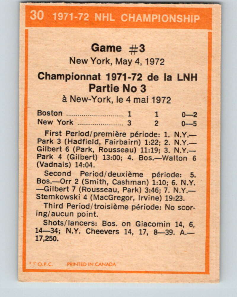 1972-73 O-Pee-Chee #30 Playoff Game 3  New York Rangers/Boston Bruins  V3323