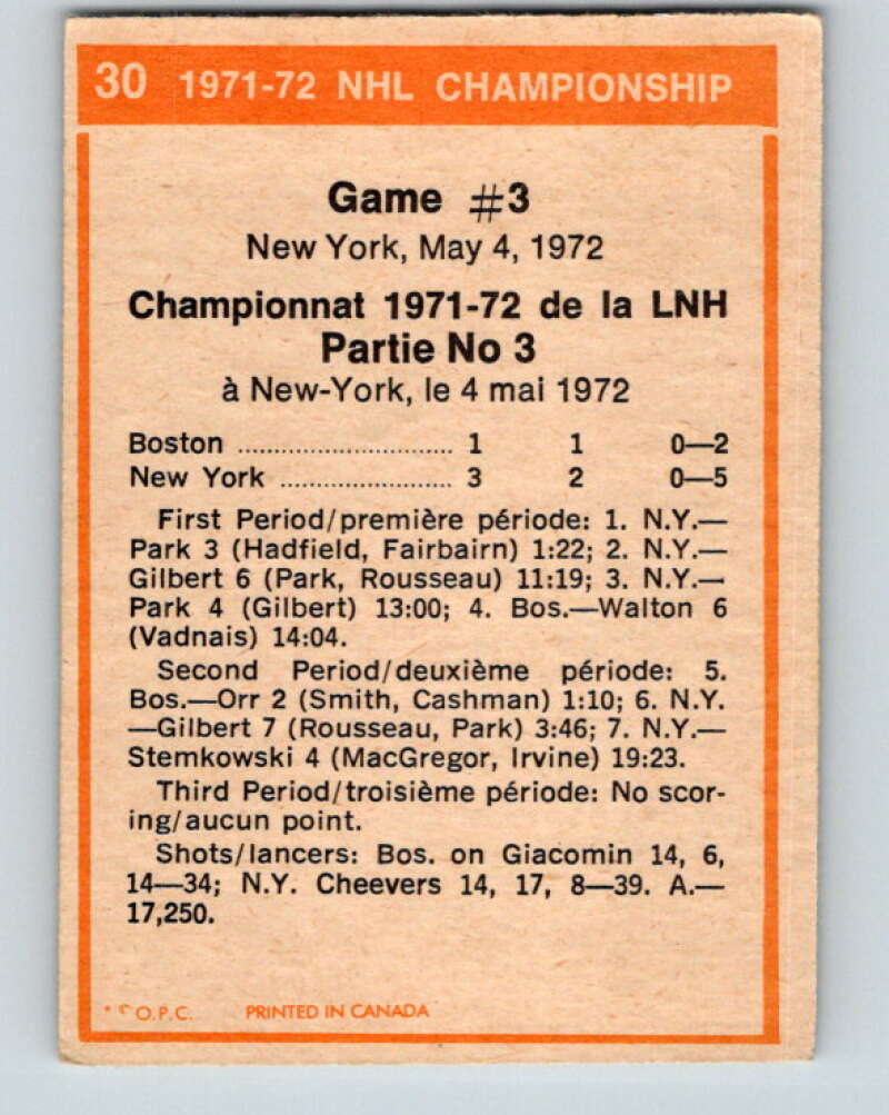 1972-73 O-Pee-Chee #30 Playoff Game 3  New York Rangers/Boston Bruins  V3324