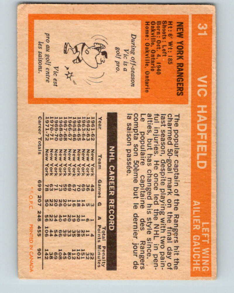 1972-73 O-Pee-Chee #31 Vic Hadfield  New York Rangers  V3327