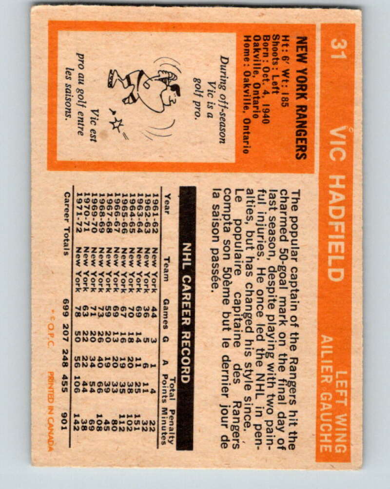 1972-73 O-Pee-Chee #31 Vic Hadfield  New York Rangers  V3329