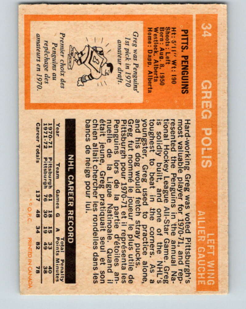 1972-73 O-Pee-Chee #34 Greg Polis  Pittsburgh Penguins  V3345