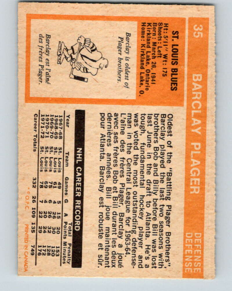 1972-73 O-Pee-Chee #35 Barclay Plager  St. Louis Blues  V3350