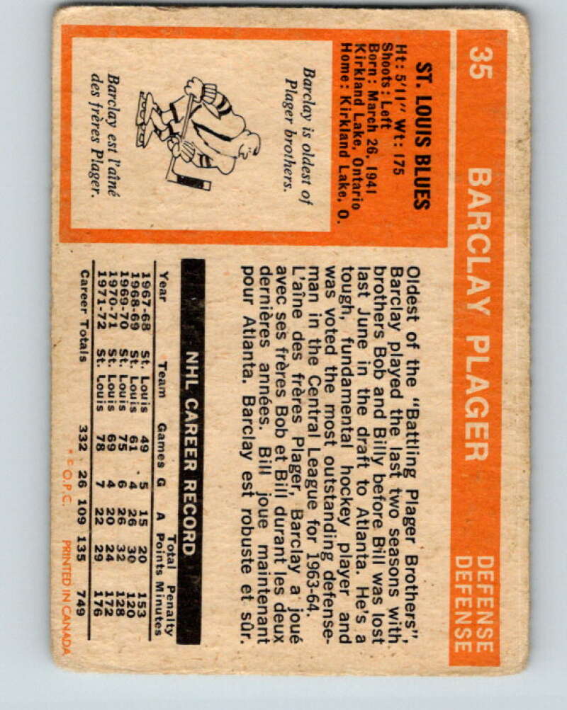 1972-73 O-Pee-Chee #35 Barclay Plager  St. Louis Blues  V3351