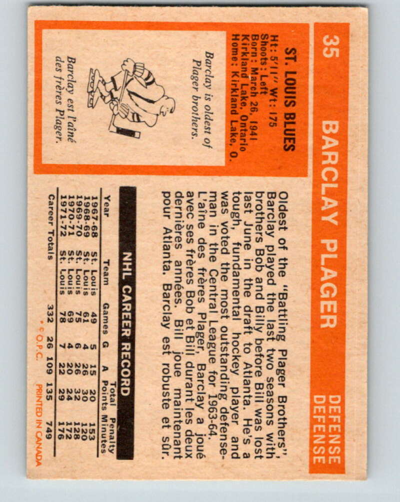 1972-73 O-Pee-Chee #35 Barclay Plager  St. Louis Blues  V3352