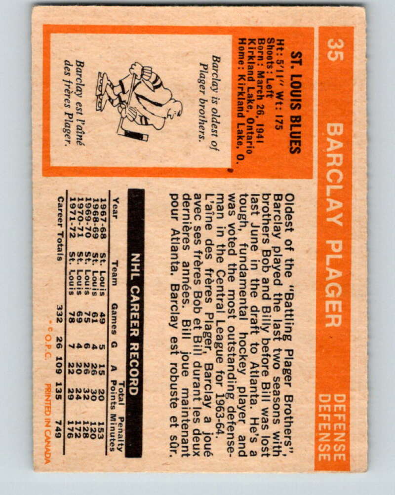 1972-73 O-Pee-Chee #35 Barclay Plager  St. Louis Blues  V3354