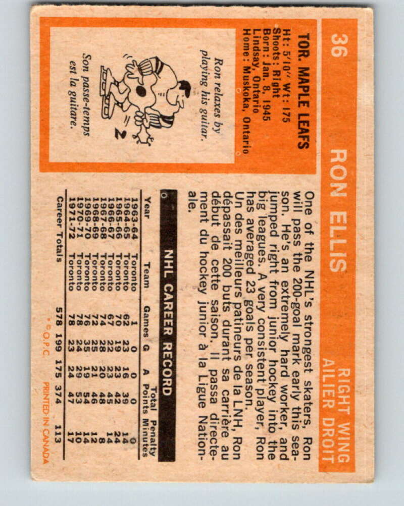 1972-73 O-Pee-Chee #36 Ron Ellis  Toronto Maple Leafs  V3362