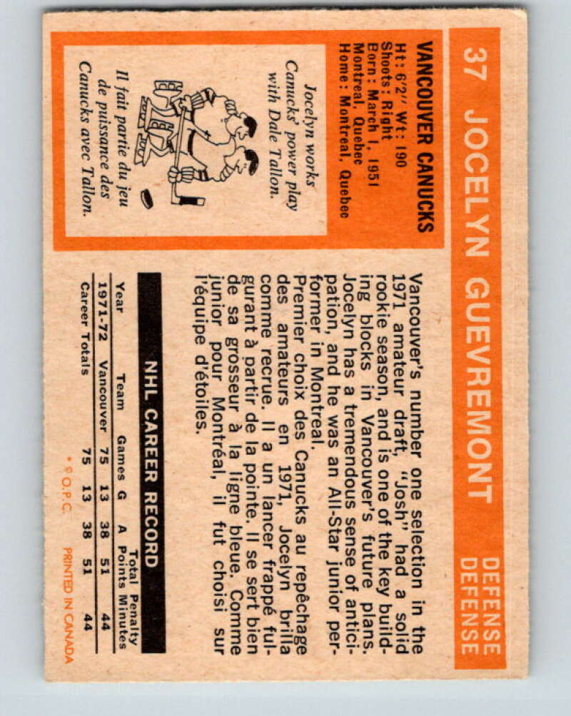 1972-73 O-Pee-Chee #37 Jocelyn Guevremont  Vancouver Canucks  V3364