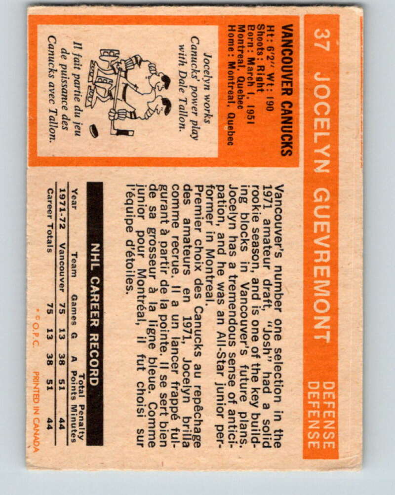 1972-73 O-Pee-Chee #37 Jocelyn Guevremont  Vancouver Canucks  V3367