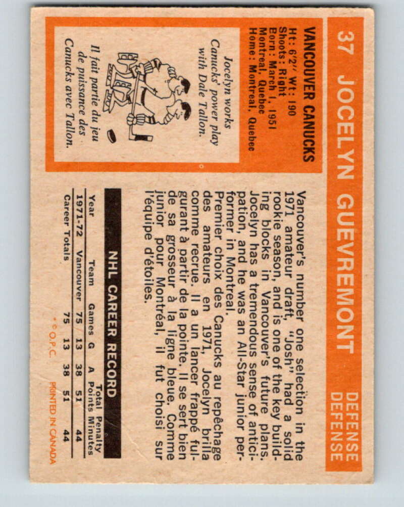 1972-73 O-Pee-Chee #37 Jocelyn Guevremont  Vancouver Canucks  V3368