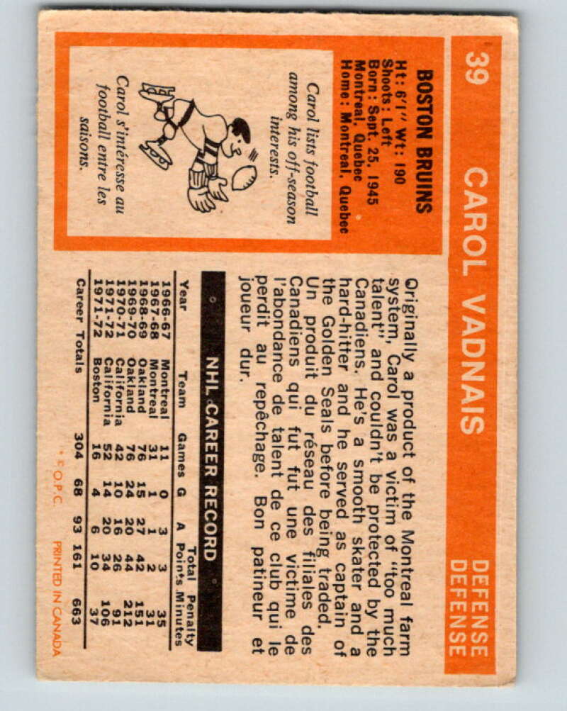 1972-73 O-Pee-Chee #39 Carol Vadnais  Boston Bruins  V3374