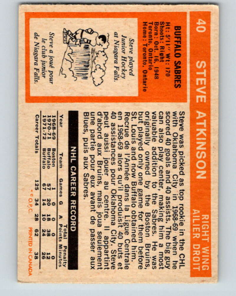1972-73 O-Pee-Chee #40 Steve Atkinson  Buffalo Sabres  V3377