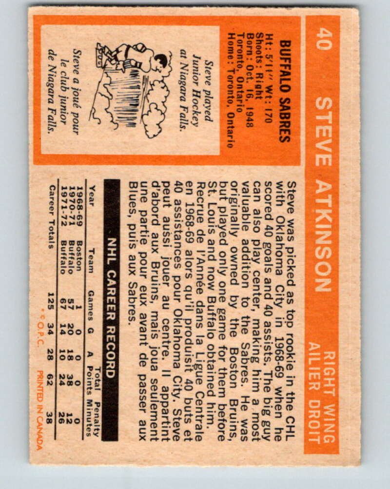 1972-73 O-Pee-Chee #40 Steve Atkinson  Buffalo Sabres  V3378